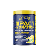 MHP Impact Hydration sports drink container with electrolytes and creatine, lemon lime flavor, designed for optimal athlete hydration.